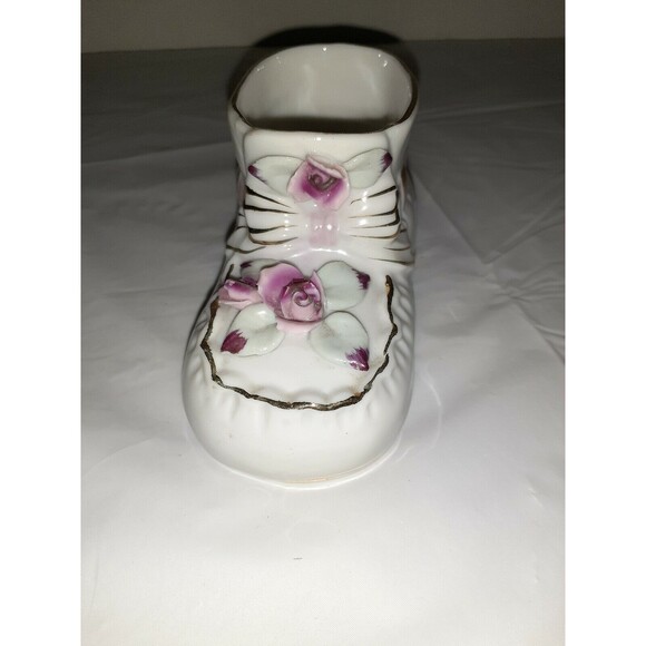 Vintage Collectible Art Deco Porcelain Baby Shoe Painted Flower and Gold Trim - Picture 2 of 8